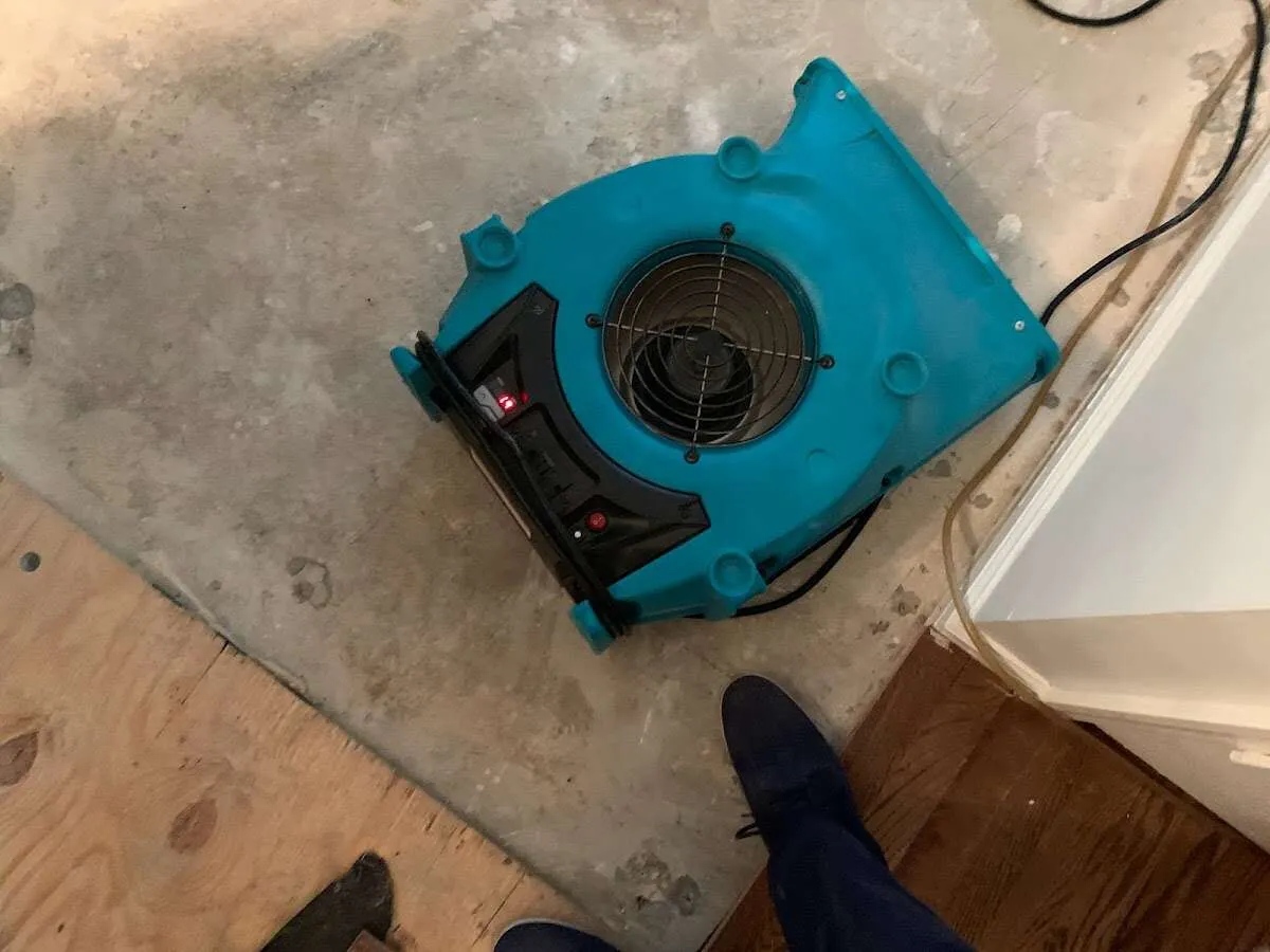 Air mover drying subfloor during Leak Detection & Repair in Flint